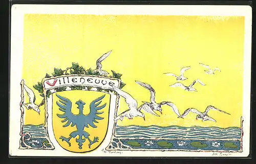 Künstler-AK Villeneuve, Möwen über der See, Wappen
