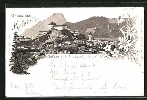 Vorläufer-Lithographie Kufstein, 1892, Totalansicht mit Alpenpanorama