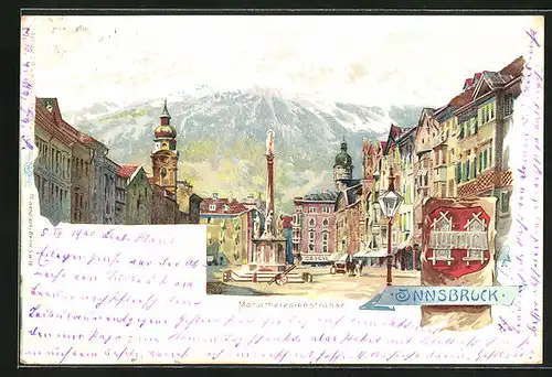 Lithographie Innsbruck, Mariatheresienstrasse, Stadtwappen
