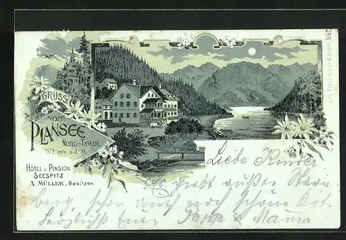 Mondschein-Lithographie Breitenwang, Hotel Pension Seespitz am Plansee