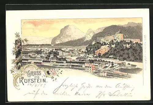 Lithographie Kufstein, Totalansicht mit Bahnhof und Burgberg