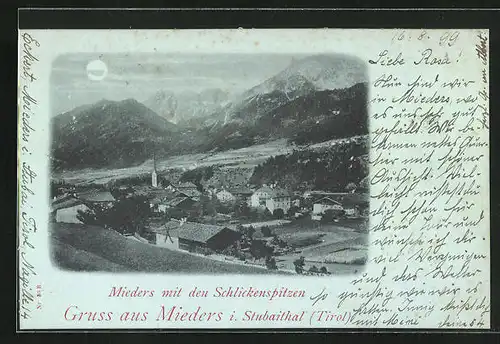 Mondschein-Lithographie Mieders im Stubaithal, Totalansicht mit Schlickenspitzen