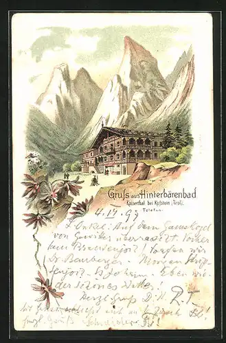 Lithographie Kaiserthal bei Kufstein, Gasthaus Pension Hinterbärenbad