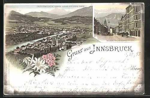 Vorläufer-Lithographie Innsbruck, 1895, Maria Theresienstrasse, Totalansicht