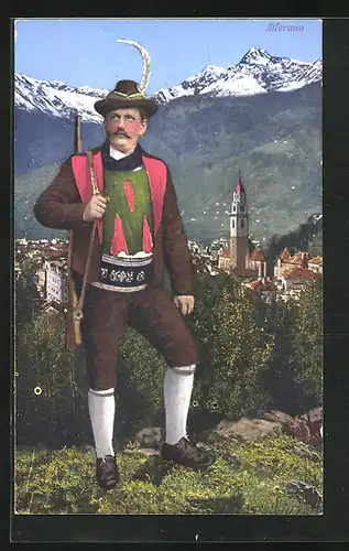 AK Merano, Jäger in Tracht vor Ortskulisse
