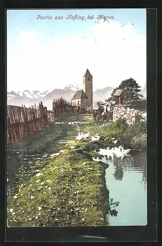 AK Hafling, Blick vom Ortrand zur Kirche