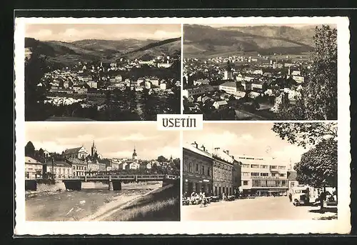 AK Vsetin, Teilansicht, Strassenpartie mit Sparkasse, Brücke
