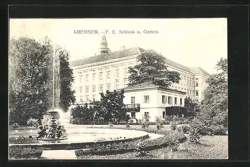 AK Kremsier, F. E. Schloss u. Garten mit Springbrunnen