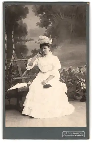 Fotografie Ad. Heinsch, Greiz, Carolinenstrasse 36, Portrait junge Dame im weissen Kleid mit Schirm