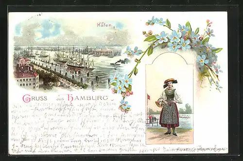 Lithographie Hamburg, Hafen aus der Vogelschau, Frau in Tracht