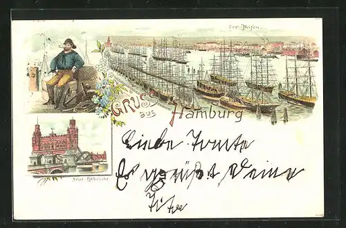 Lithographie Hamburg, Angelegte Schiffe im Hafen, Seemann