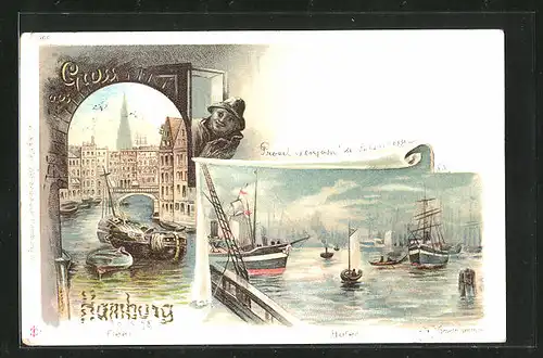 Lithographie Hamburg, Hafenpartie mit Booten, Blick auf Teil der Stadt