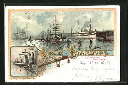 Lithographie Hamburg, Segelschiffhafen Amerikaquai bei Mondschein
