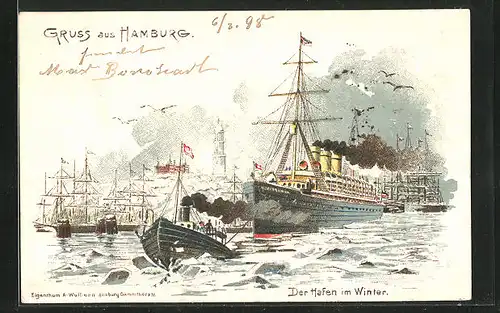 Lithographie Hamburg, Der Hafen im Winter