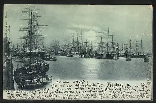 Mondschein-AK Hamburg, Segelschiffhafen im Vollmondlicht