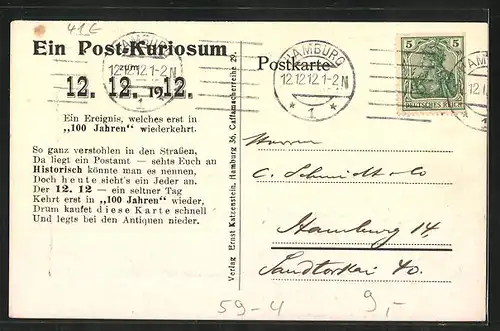 AK 12.12.1912, Postamt, Postcuriosum, Briefmarke