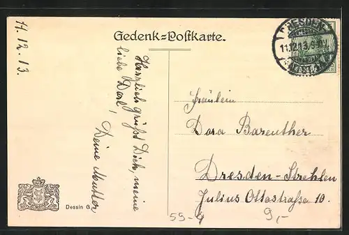 AK 11.12.1913, Frau in Kleid, Ortsansicht