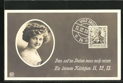 AK 11.12.1913, Junge Frau mit Perlenkette