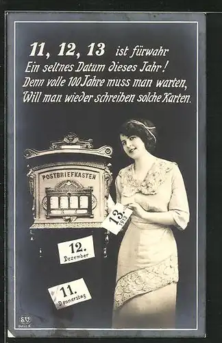 AK 11.12.1913, Frau mit Brief an Postbriefkasten