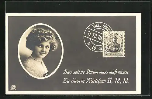 AK 11.12.1913, Junge Frau mit Perlenkette