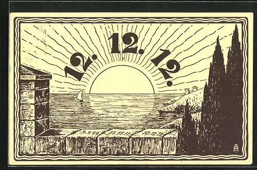 AK 12.12.1912, Sonnenaufgang mit Segelboot