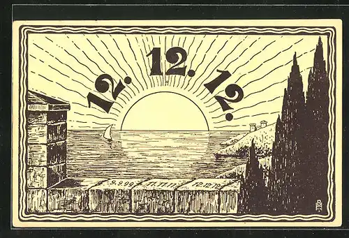 AK 12.12.1912, Segelboot beim Sonnenaufgang