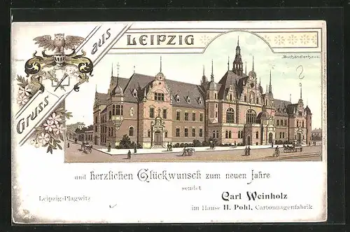 Lithographie Leipzig, Buchhändlerhaus, Neujahrsgruss