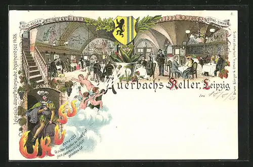 Lithographie Leipzig, Gasthaus Auerbach`s Keller, Innenansichten Faust-Keller & Göthe-Zimmer