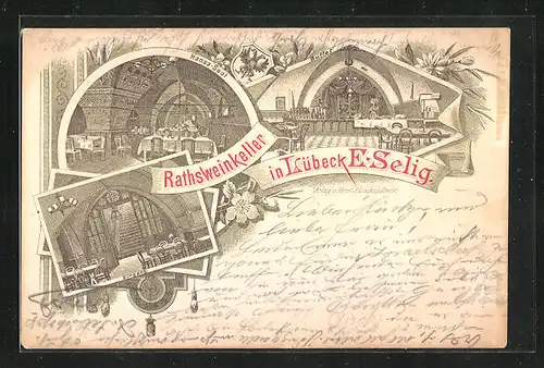 Lithographie Lübeck, Gasthaus Ratsweinkeller, Innenansichten Hansa-Saal und Buffet