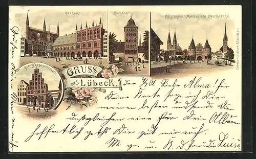 Lithographie Lübeck, Rathaus, Burtor, Schiffergesellschaft