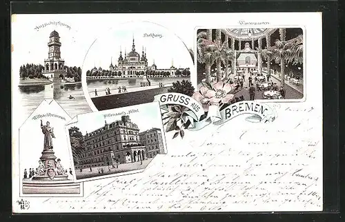 Vorläufer-Lithographie Bremen, 1894, Hillmann`s Hôtel, Wintergarten, Parkhaus