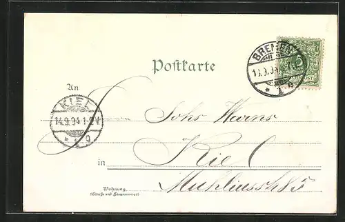 Vorläufer-Lithographie Bremen, 1894, Hillmann`s Hôtel, Wintergarten, Parkhaus