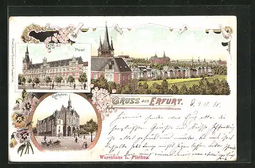 Lithographie Erfurt, Teilansicht, Post, Rathaus