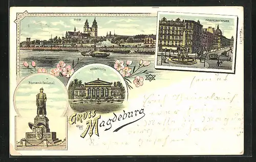 Lithographie Magdeburg, Dom, Herrenkrug, Bismarck-Denkal