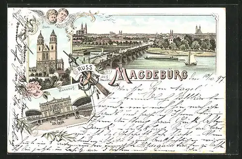 Lithographie Magdeburg, Teilansicht mit Brücke, Dom, Bahnhof