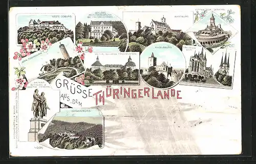 Lithographie Erfurt, Erfurter Dom, Wartburg und Schwarzburg