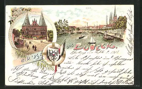 Lithographie Lübeck, Holstentor und Hafenpromenade