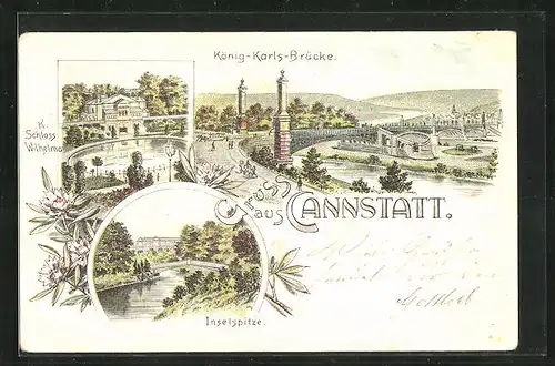 Lithographie Cannstatt, König-Karls-Brücke, Inselspitze, Königliches Schloss Wilhelm