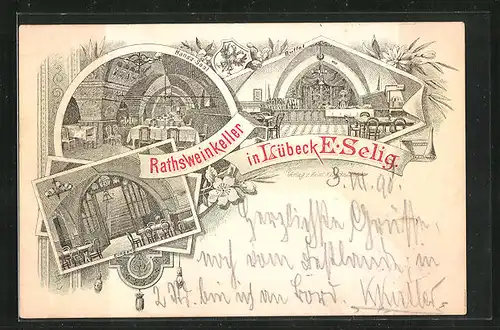 Lithographie Lübeck, Gasthof, Innenansicht von Rathsweinkeller, Hansa-Saal, Buffet