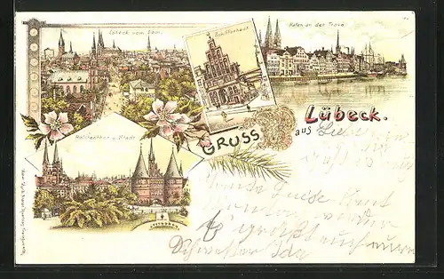Lithographie Lübeck, Schifferhaus, Holstentor. Dom und Hafen