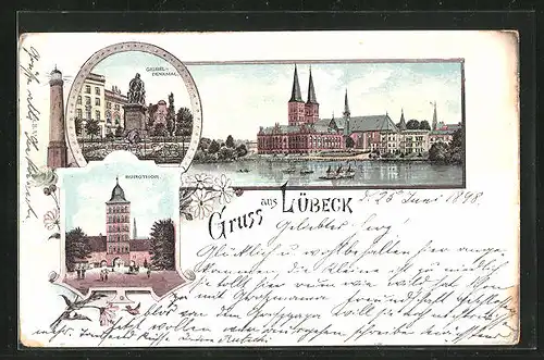 Lithographie Lübeck, Burgtor, Leuchtturm und Geibeldenkmal