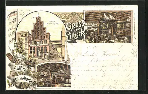 Lithographie Lübeck, Aussen- und Innenansicht der Schiffergesellschaft