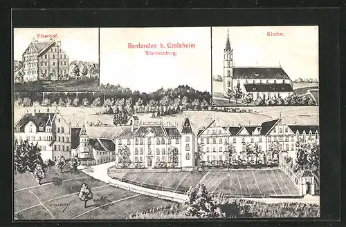 AK Bonlanden, Pfarrhof und Kirche der Ortschaft