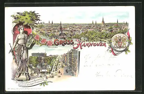 Lithographie Hannover, Gasthaus, Hannovera, Georgstrasse, Strassenbahn, Wappen
