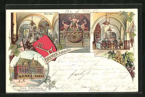 Lithographie Bremen, Gasthaus Ratskeller, Echo-Saal, Grosse Halle, Rathaus, Wappen