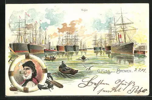 Lithographie Bremen, Hafen mit Dampfern, rauchender Matrose im Rettungsring