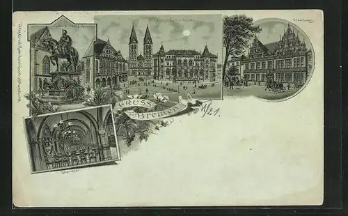 Mondschein-Lithographie Bremen, Kaiser-Wilhelm-Denkmal, Gasthaus Ratskeller, Gewerbehaus, Dom und Börse