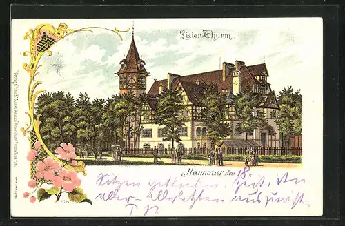 Lithographie Hannover, Lister-Turm, Gasthaus, Biergarten