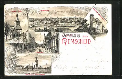 Mondschein-Lithographie Remscheid, Evangelische Kirche, Kaiserplatz mit Kriegerdenkmal
