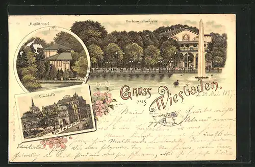 Lithographie Wiesbaden, Musiktempel, Kurhaus zur Parkseite, Gasthaus, Trinkhalle